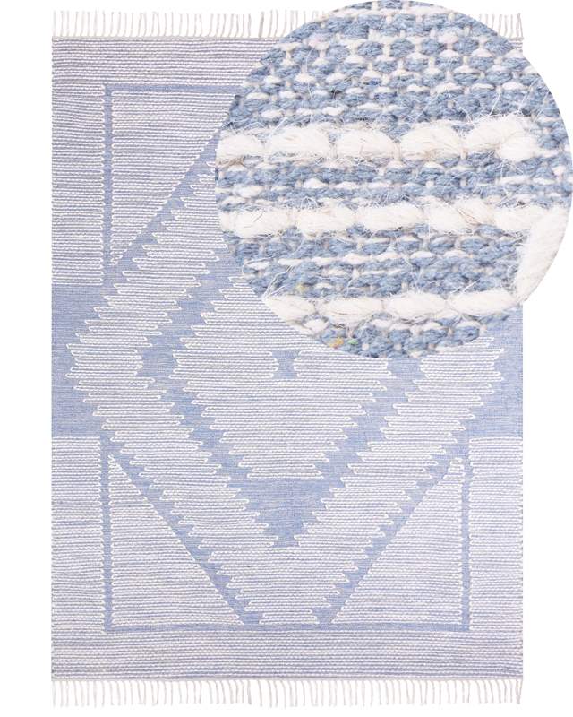 Rug Off-White Blue Cotton Wool 140 x 200 cm Geometric Pattern Runes Tribal Tassels Oriental Beliani