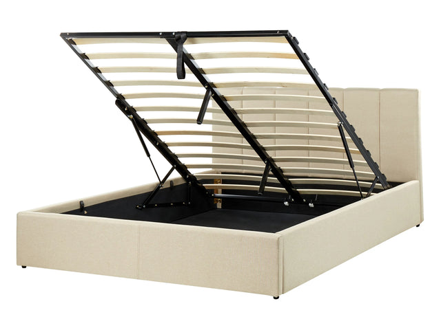 Bed Frame Beige Fabric Upholstery EU Double Size 4ft6 Lift Up Storage with Headboard and Slatted Base Beliani