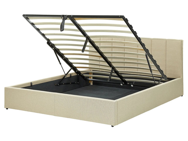 Bed Frame Beige Fabric Upholstery EU King Size 5ft3 Lift Up Storage with Headboard and Slatted Base Beliani
