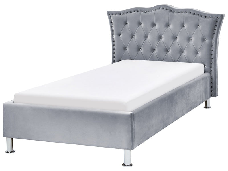 EU Single Size Bed Grey Velvet Upholstered Frame Nailhead Trim Crystal Buttons Headrest Bedroom Modern Glam Beliani