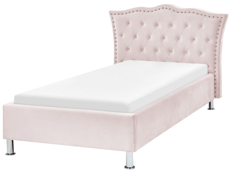 EU Single Size Bed Pink Velvet Upholstered Frame Nailhead Trim Crystal Buttons Headrest Bedroom Modern Glam Beliani