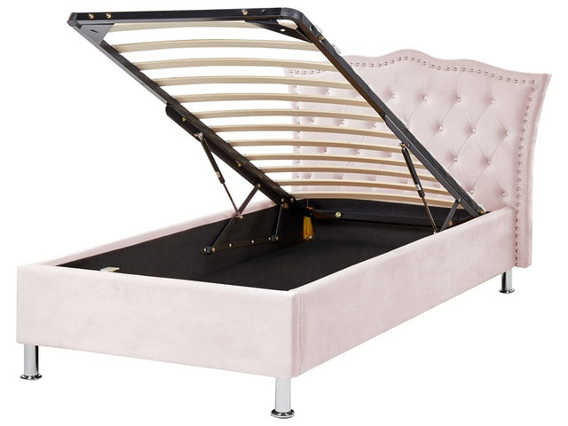 EU Single Size Bed Pink Velvet Upholstered Frame with Storage Nailhead Trim Crystal Buttons Headrest Bedroom Modern Glam Beliani