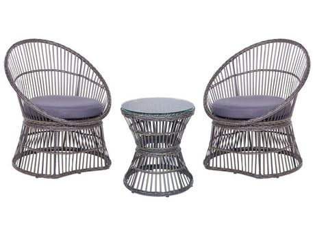 Balcony Bistro Set Taupe PE Rattan Cushions Coffee Table and 2 Chairs Modern Outdoor Design Beliani