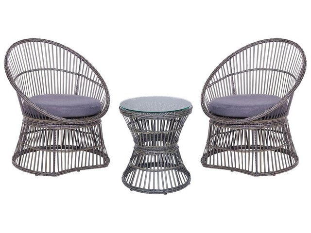 Balcony Bistro Set Taupe PE Rattan Cushions Coffee Table and 2 Chairs Modern Outdoor Design Beliani