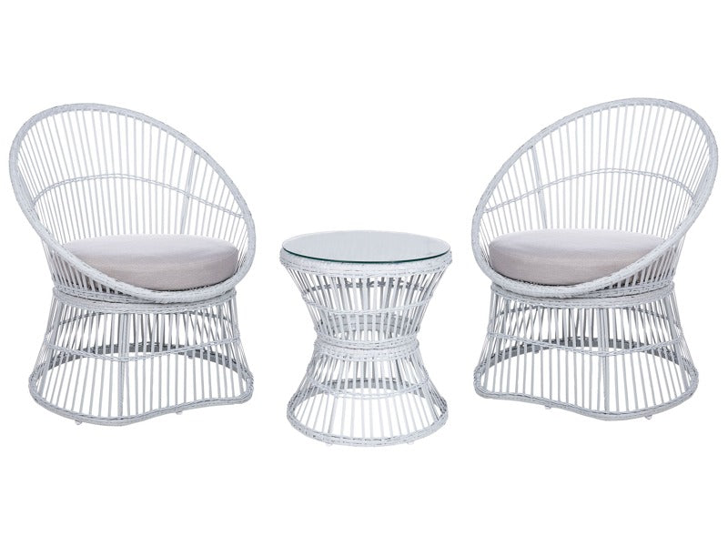 Balcony Bistro Set Off-White PE Rattan Cushions Coffee Table and 2 Chairs Modern Outdoor Design Beliani