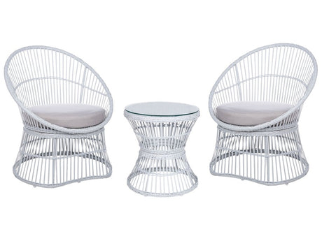 Balcony Bistro Set Off-White PE Rattan Cushions Coffee Table and 2 Chairs Modern Outdoor Design Beliani