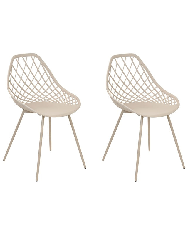 Set of 2 Dining Chairs Beige Synthetic Seat Metal Legs Net Design Backrest Modern Scandinavian Beliani