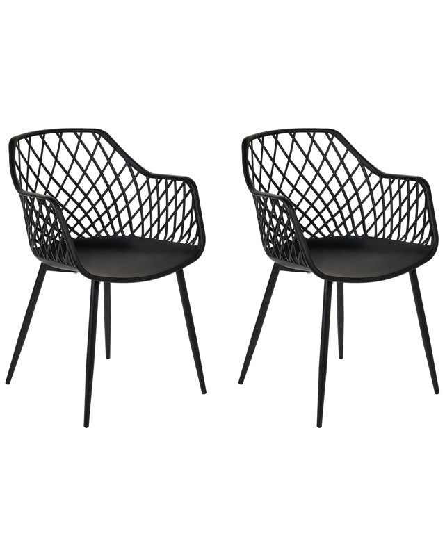 Set of 2 Dining Chairs Black Synthetic Seat Metal Legs Open Net Back Modern Living Room Scandinavian Style Beliani