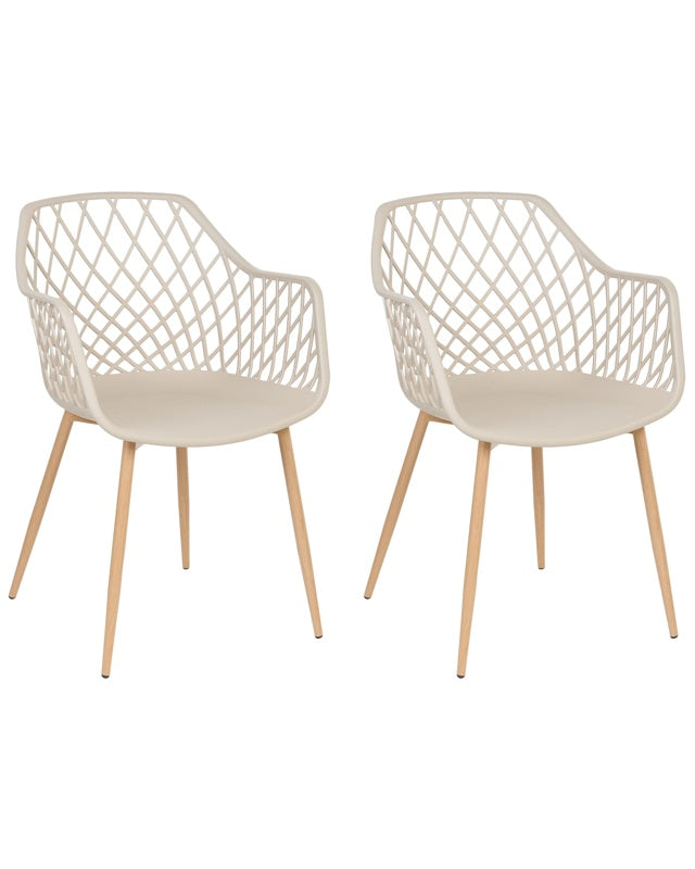 Set of 2 Dining Chairs Beige Synthetic Seat Light Wood Metal Legs Open Net Back Modern Living Room Scandinavian Style Beliani