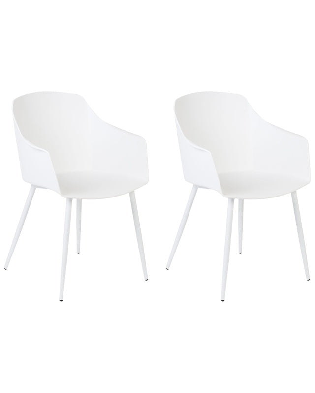 Set of 2 Dining Chairs Plastic White Minimalist Design Armrests Living Room Kitchen Furniture Beliani