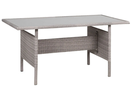 Outdoor grey wicker dining table, 145 x 80 cm rectangular tempered glass top 4 seats Beliani