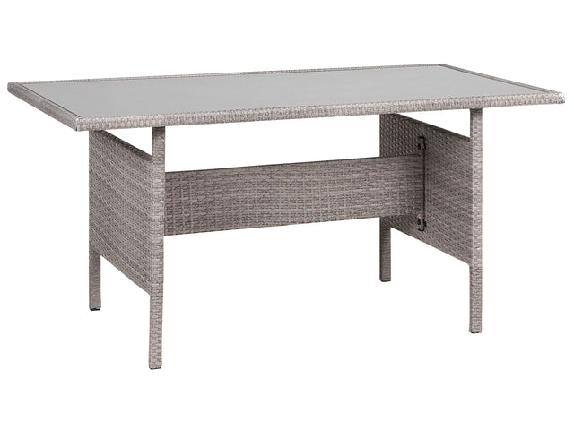 Outdoor grey wicker dining table, 145 x 80 cm rectangular tempered glass top 4 seats Beliani