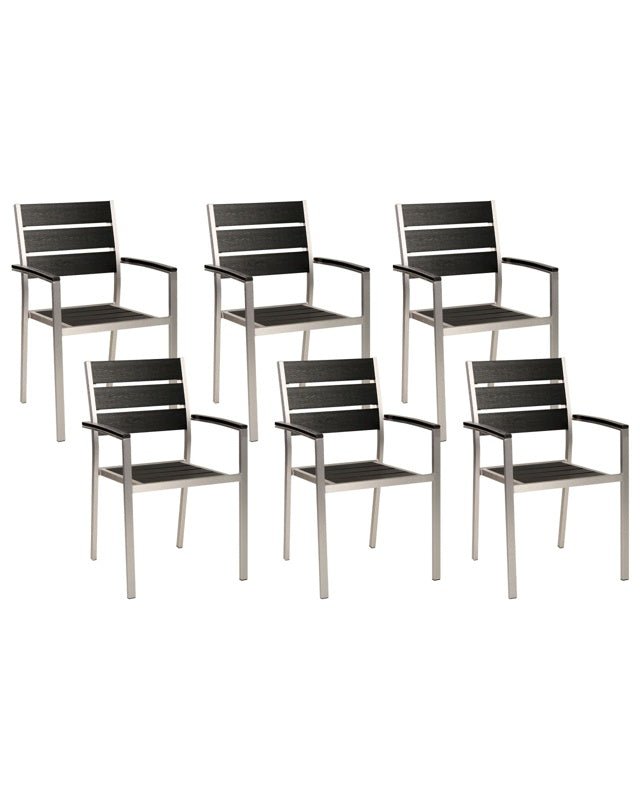 Set of 6 Dining Garden Chairs Black Plastic Wood Slatted Back Aluminium Silver Frame Outdoor Chairs Set Beliani