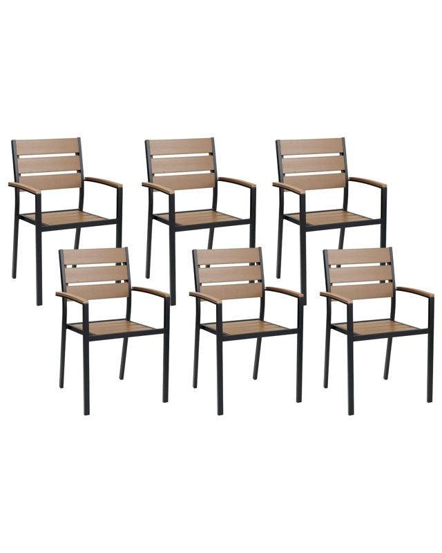 Set of 6 Garden Dining Chairs Light Wood and Black Plastic Wood Slatted Back Aluminium Frame Outdoor Chairs Set Beliani