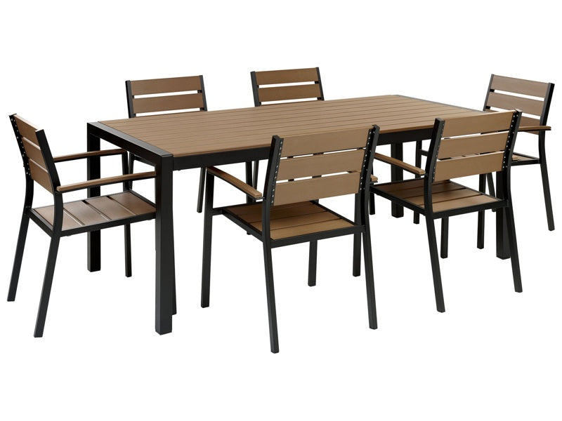 Garden Dining Set Light Wood and Black Rectangular Table Chairs Outdoor 6 Seater Plastic Wood Top Aluminium Frame Beliani