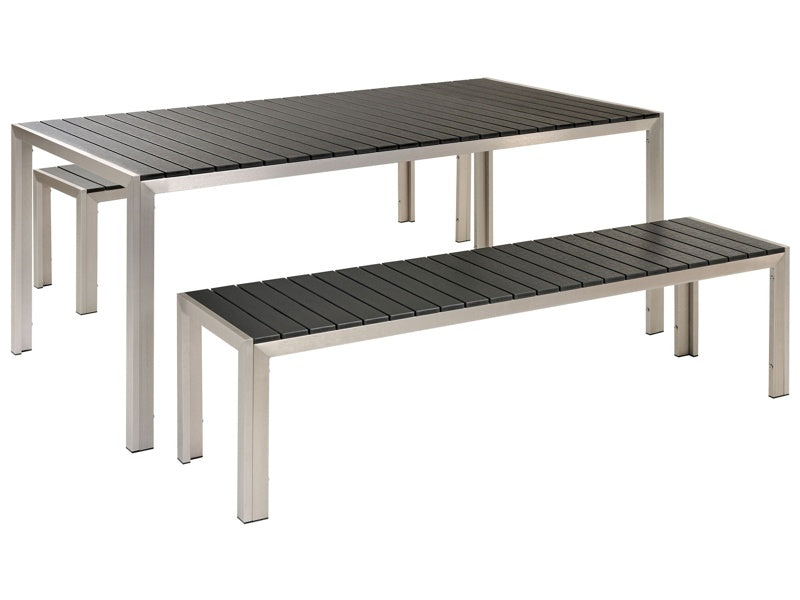 Garden Dining Set Black and Silver Outdoor 3 Piece Rectangular Table 2 Benches Brushed Aluminium Frame Beliani