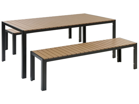 Garden Dining Set Light Wood and Black Outdoor 3 Piece Rectangular Table 2 Benches Brushed Aluminium Frame Beliani