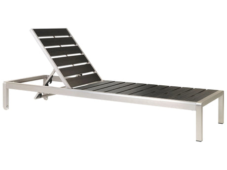 Garden Outdoor Lounger Black and Silver Plastic Wood Aluminium Frame Adjustable Reclining Backrest Beliani