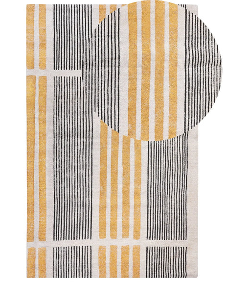 Area Rug Yellow and Black Cotton 140 x 200 cm Flat Weave Jacquard Woven Striped Pattern Boho Living Room Bedroom Beliani