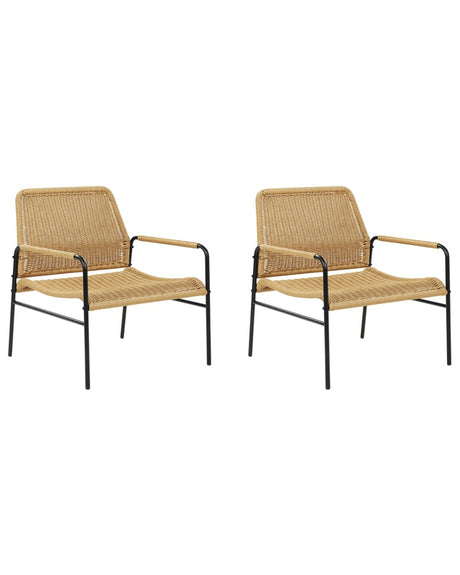 Set of 2 Garden Chairs Natural with Black Frame PE Rattan Weave Metal Frame Modern Design Outdoor Seating Beliani