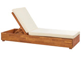 Reclining Sun Lounger Light Wood and White Acacia Wood with Cushions Adjustable Backrest  Beliani