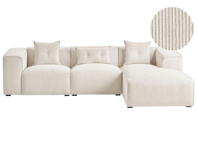 Left Hand Corner Sofa Off-White 3 Seater Corduroy Upholstery Extra Scatter Cushions Modern Beliani