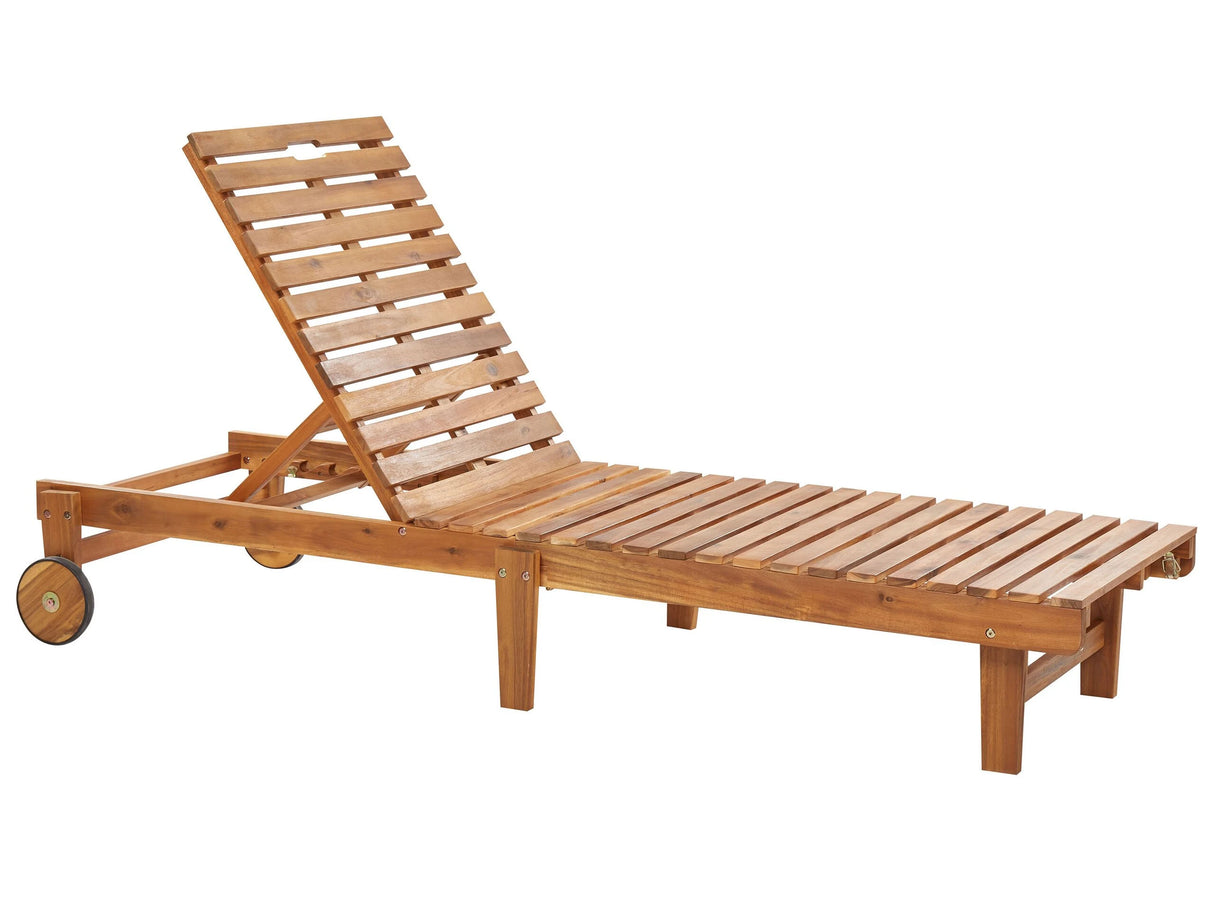 Garden Sun Lounger Light Wood Acacia Wheeled Foldable Frame Reclining Backrest Beliani