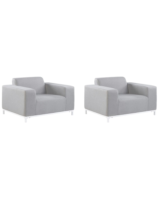 Set of 2 Garden Armchairs Light Grey Fabric Upholstery White Aluminium Legs Indoor Outdoor Furniture Weather Resistant Outdoor Beliani