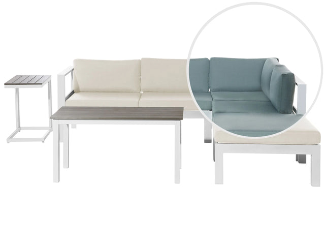 5 Seater Garden Sofa Set White Metal Frame Beige and Green Cushions Slatted Coffee Table Modern Scandinavian Outdoor Conversation Set Beliani