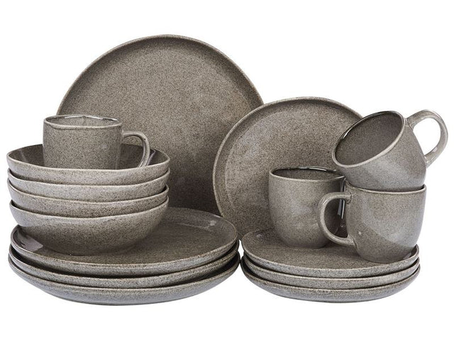 Set of 16 Pieces Grey Stoneware Kaolin Handmade Reactive Glaze Finish Service for 4 People Hammer Effect Kitchen Dining Room Beliani