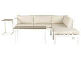5 Seater Garden Sofa Set White Metal Frame Beige Cushions Slatted Coffee Table Modern Scandinavian Outdoor Conversation Set Beliani