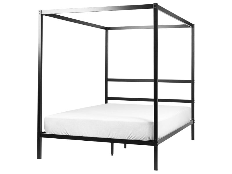 Canopy Bed Frame Black Metal 140 x 200 cm EU Double Size Plywood Slats Industrial Minimalist Beliani