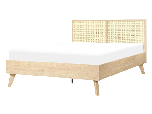 Panel Bed Light Brown Rattan Particle Board EU Double 4ft6 Slatted Frame Bed Base Braided Headboard Modern Boho Beliani