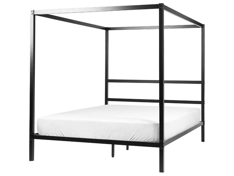 Canopy Bed Frame Black Metal 160 x 200 cm EU King Size Plywood Slats Industrial Minimalist Beliani