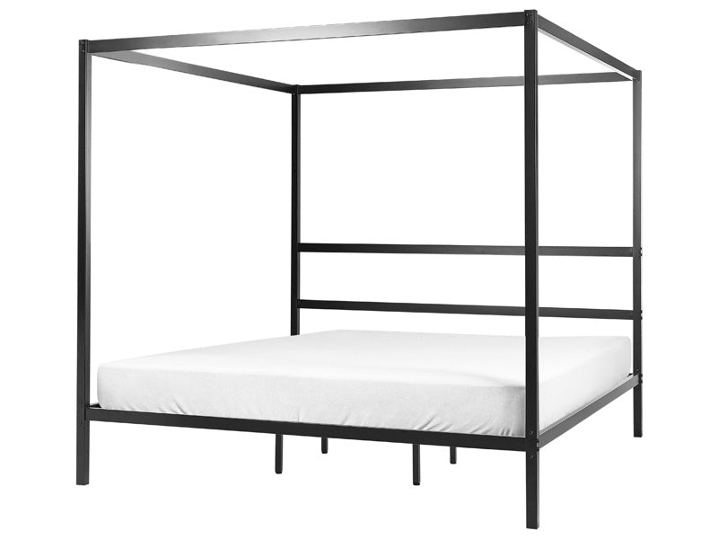 Canopy Bed Frame Black Metal 180 x 200 cm EU Super King Size Plywood Slats Industrial Minimalist Beliani