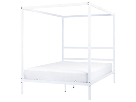 Canopy Bed Frame White Metal 140 x 200 cm EU Double Size Plywood Slats Industrial Minimalist Beliani