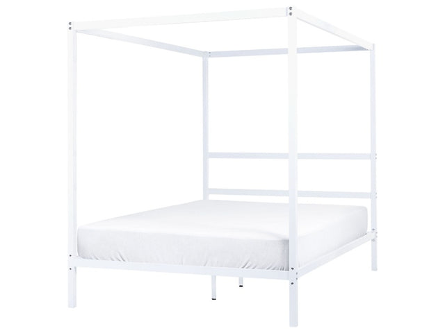 Canopy Bed Frame White Metal 140 x 200 cm EU Double Size Plywood Slats Industrial Minimalist Beliani