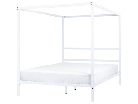 Canopy Bed Frame White Metal 160 x 200 cm EU King Size Plywood Slats Industrial Minimalist Beliani