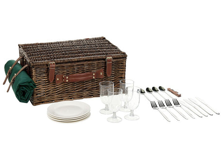 4 Person Picnic Hamper Brown Wicker with Cutlery Set Plates Wine Glasses and Cool Bag with Corkscrew Blanket Included Beliani