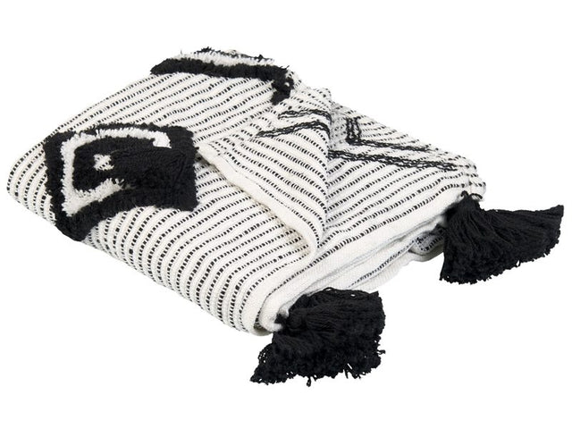 Throw Blanket White and Black Polyester PET 130 x 150 cm with Decorative Tassels Handmade Beliani