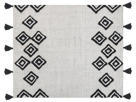 Throw Blanket White and Black Polyester PET 130 x 150 cm with Decorative Tassels Handmade Beliani