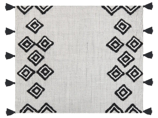 Throw Blanket White and Black Polyester PET 130 x 150 cm with Decorative Tassels Handmade Beliani