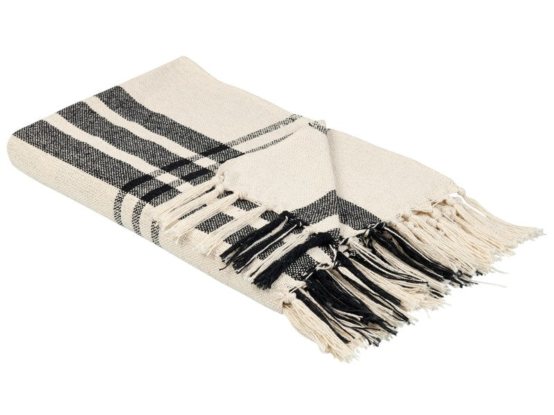 Throw Blanket Off-White and Black Cotton 130 x 170 cm with Decorative Tassels Handmade Beliani