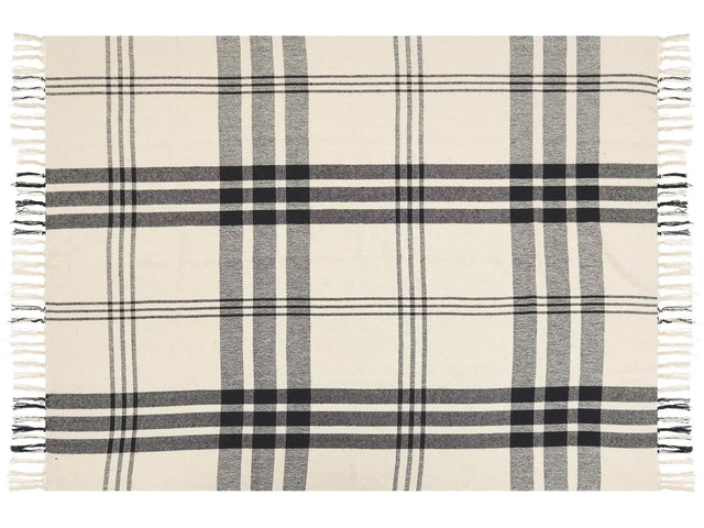 Throw Blanket Off-White and Black Cotton 130 x 170 cm with Decorative Tassels Handmade Beliani