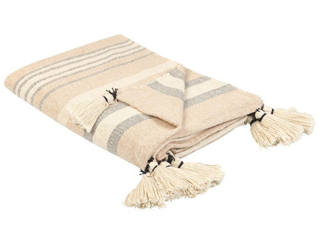 Throw Blanket Beige Cotton 130 x 170 cm Striped Pattern Accessory with Decorative Tassels Handmade Beliani