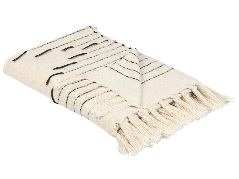 Throw Blanket Light Beige and Black Cotton 130 x 170 cm Striped Pattern Accessory with Decorative Tassels Handmade Beliani