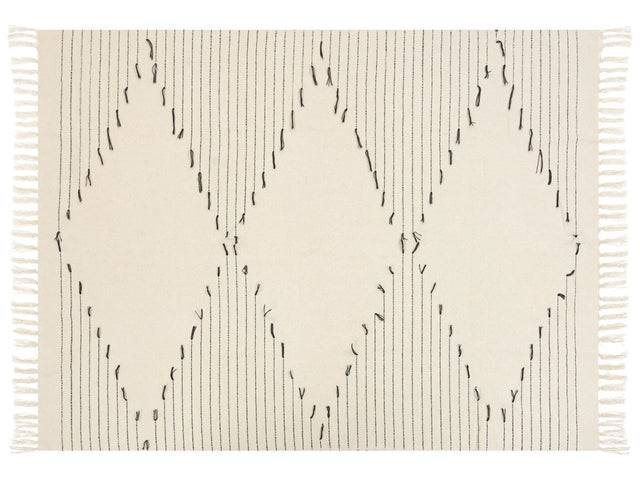 Throw Blanket Light Beige and Black Cotton 130 x 170 cm Striped Pattern Accessory with Decorative Tassels Handmade Beliani