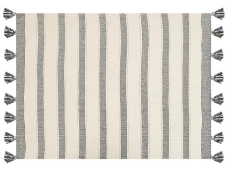 Throw Blanket Beige and Grey Cotton 130 x 170 cm Striped Pattern Accessory with Decorative Tassels Handmade Beliani