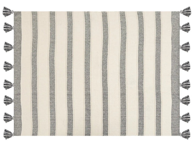 Throw Blanket Beige and Grey Cotton 130 x 170 cm Striped Pattern Accessory with Decorative Tassels Handmade Beliani