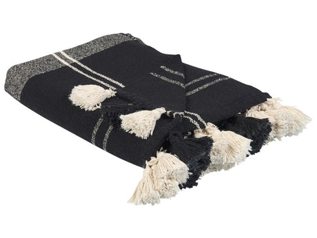 Throw Blanket Black Cotton 130 x 170 cm Chequered Pattern Accessory with Decorative Tassels Handmade Beliani